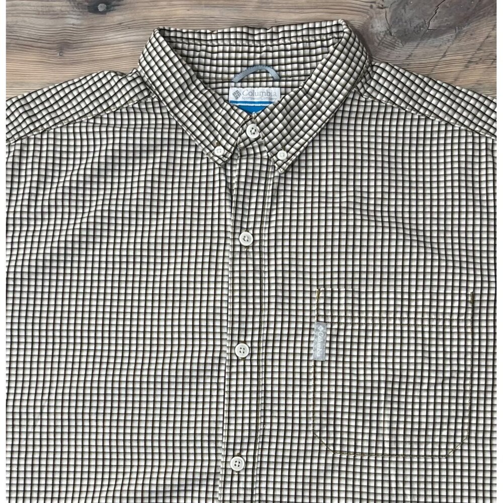 Columbia Button Up Shirt Mens XL Brown Plaid Rip Stop Long Sleeve Pocket